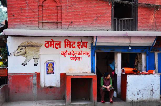 непальские женщины продают мясо кабана в мясной лавке или свежую свинину оранжевого цвета в базарне старого города для непальцев, которые � - market market stall shopping people стоковые фото и изображения