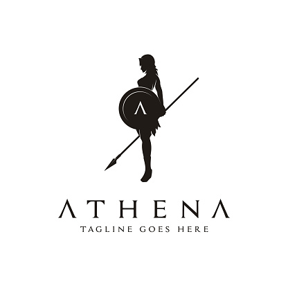 Silhouette of Athena Minerva with Shield and Spear, The Beauty Greek Roman Goddess symbol Design