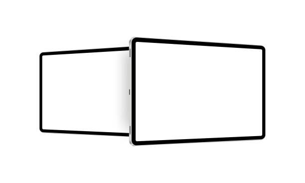 ilustraciones, imágenes clip art, dibujos animados e iconos de stock de maquetas de tabletas con pantallas horizontales en blanco, vista de perspectiva lateral - ipad