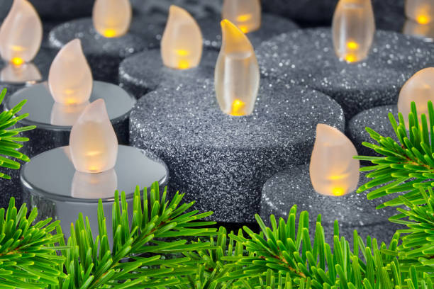 istock Various LED Lights with silver Christmas decoration and fir branches 1435871761