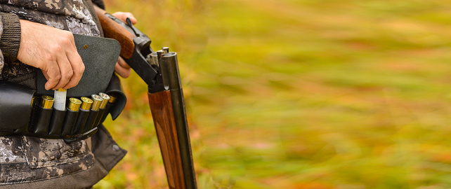 Close-up of a hunter, holding a gun in his hands, a leather bandolier with cartridges on his belt. Process of hunting during season. Selective focus.