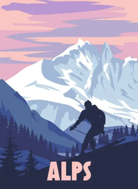 Vector illustration of Alps ski resort poster, retro. Mont Blanc Winter travel card
