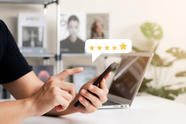 User give rating to service experience on online application, Customer review satisfaction feedback survey concept, Customer can evaluate quality of service leading to reputation ranking of business.