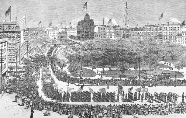 ilustrações, clipart, desenhos animados e ícones de nova york, union square demonstração de trabalhador 1882, 5 de setembro - labor union
