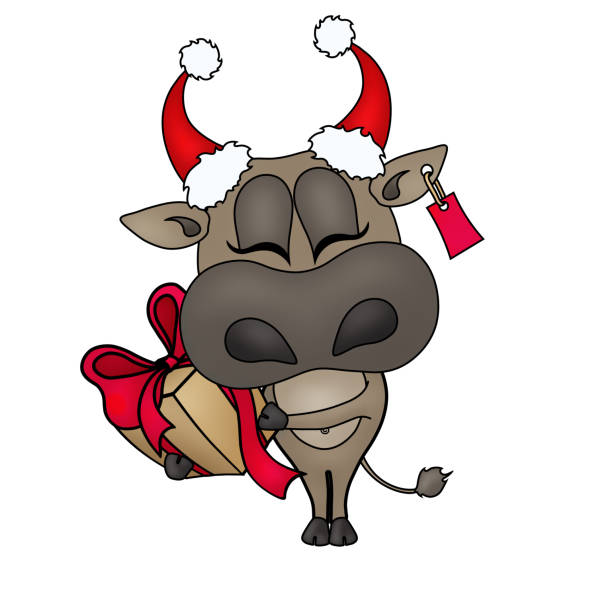 istock Cartoon bull with Santa hats and Christmas gift. 1435873774