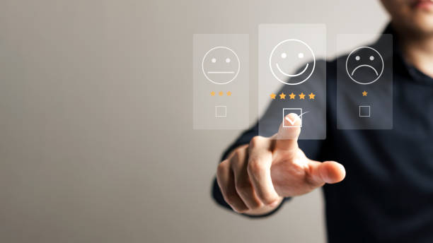 istock Customer service satisfaction survey concept, business people or customers express their satisfaction through applications on the tablet screen. By giving me the most satisfaction rating of 5 stars. 1435873833