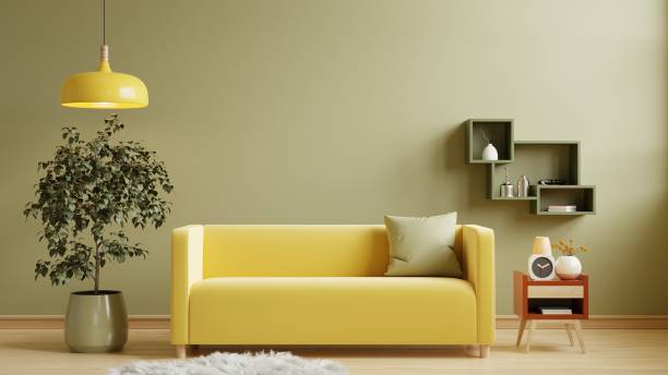 istock Mockup living room interior with yellow sofa on empty pastel background. 1435873923
