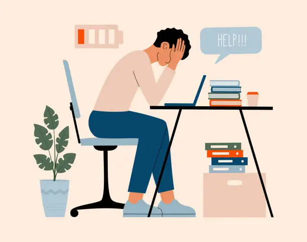 Vector illustration of Young man with low energy sits by the table with laptop, overworked and needs help and rest.