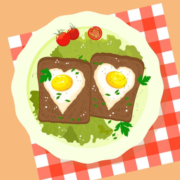 Delicious lunch with rye toast and fried eggs on a plate with fresh lettuce leaves Delicious lunch with fried eggs on rye toast and fresh lettuce seasoned with parsley, spices and cherry tomatoes egg cherry tomato rye stock illustrations