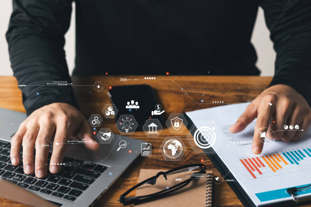 istock Long term business development and management concepts, executives watching virtual screens. Icon Business Goals, Problem Solving, Workflow, High Quality Control and Innovation Development. 1435875165