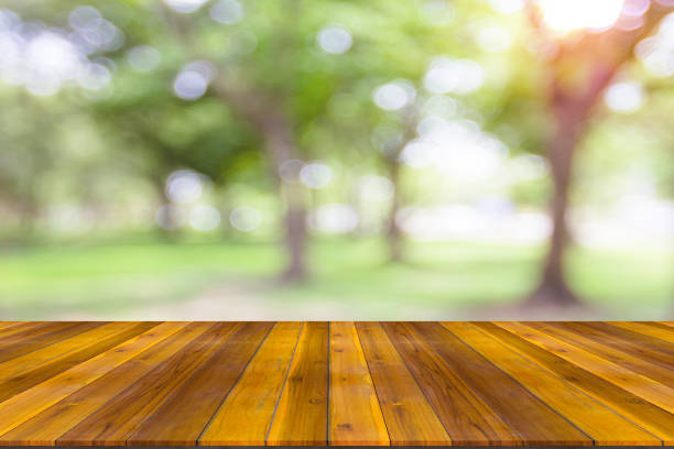 istock Empty wooden board space platform with natural bokeh blurred 1435879179