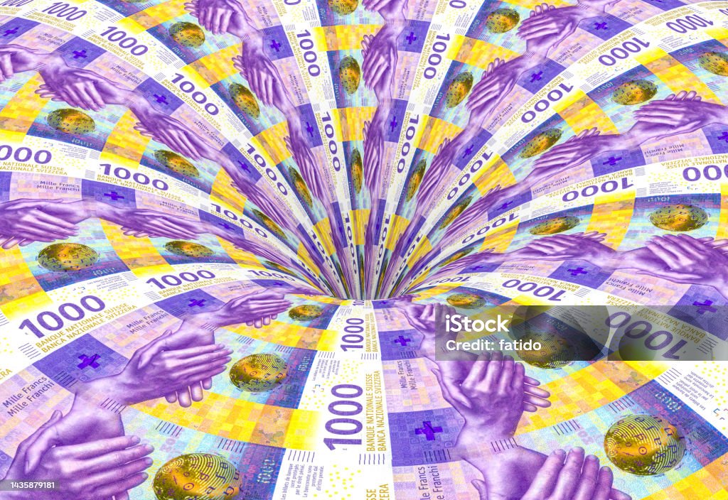 Swiss Francs flows into a bottomless funnel Swiss Currency Stock Photo