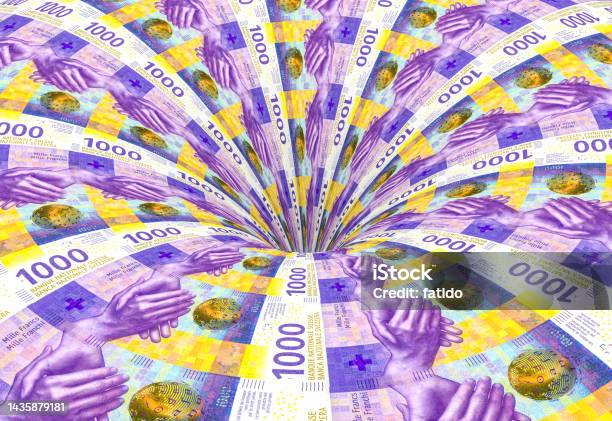 Swiss Francs Flows Into A Bottomless Funnel Stock Photo - Download Image Now - Swiss Currency, Greed, Swiss Culture