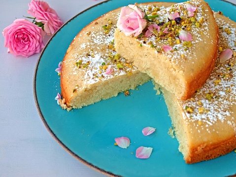 Homemade rosewater almond cake on a plate