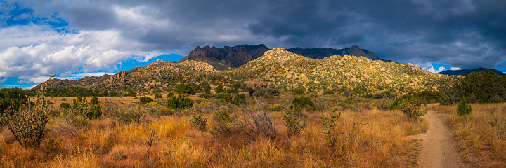 Autumn Southwestern landscape and vibrant foliage of Sandia Mountains in Albuquerque, New Mexico, USA