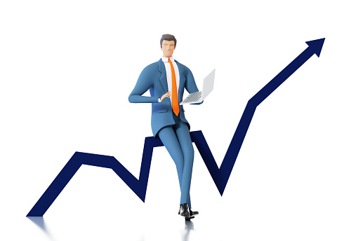 Successful businessman stand next to arrow. Banker, investor represents stability and  growth. 3D rendering illustration