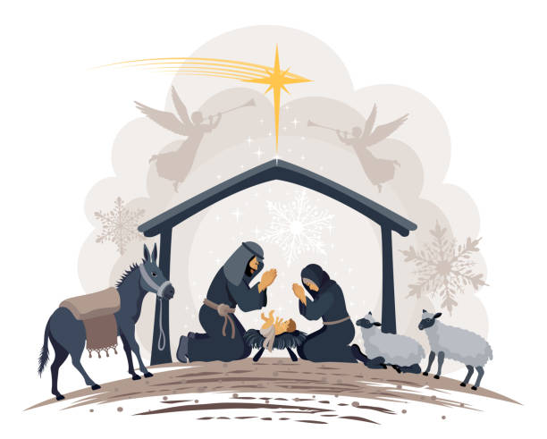 ilustraciones, imágenes clip art, dibujos animados e iconos de stock de noche santa. noche de navidad. nacimiento de jesús. - natividad