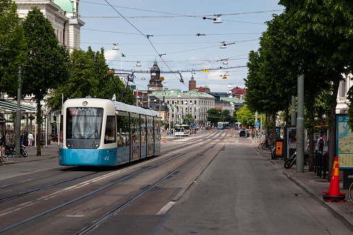 Gothenburg, Sweden – June 07, 2013: A blue tram on the street of Gothenburg, Sweden