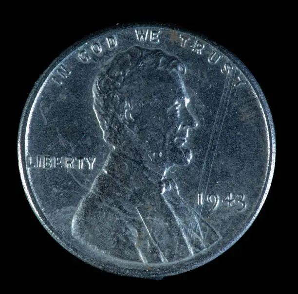 1943 plain US Lincoln cent minted from steel in Philadelphia during World War II