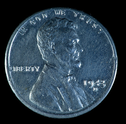 1943 D US Lincoln cent. Minted in Denver from steel during World War II