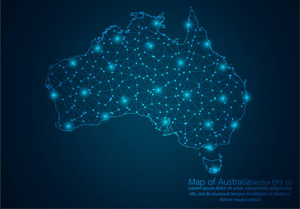 istock Abstract mash line and point scales on dark background with map of Australia.3D mesh polygonal network line, design sphere, dot and structure. Vector illustration eps 10. 1435888064