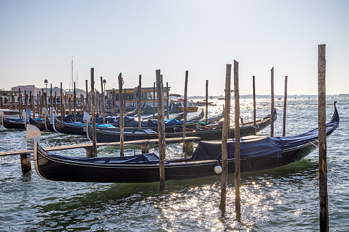 Venice, Italy - October 11th 2022:  Moored gondolas close to St Mark's Square in the center of Venice