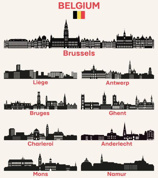 Belgium cities skylines silhouettes vector set Belgium cities skylines silhouettes vector set bergen stock illustrations