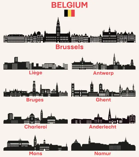 Vector illustration of Belgium cities skylines silhouettes vector set