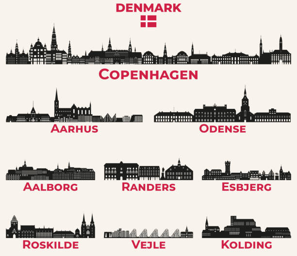 dänemark städte skylines silhouetten vektor set - esbjerg stock-grafiken, -clipart, -cartoons und -symbole