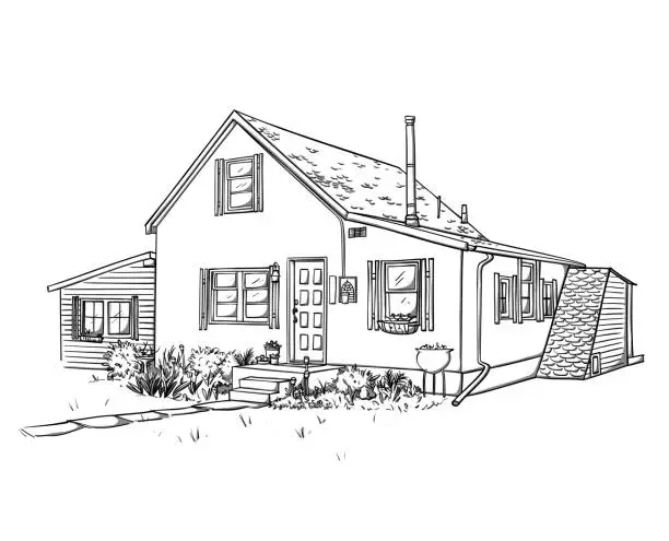 Vector illustration of Little House On The Road Sketch