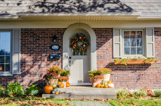 Front porch with Halloween decorations stock photo