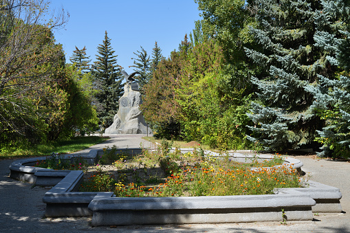 Karakol, Issyk Kul, Kyrgyzstan - Sept 19, 2022: Monument to the first explorer of Central Asia nature Przhevalsky. Russian geographer and naturalist. Inaugurated in June 26, 1894