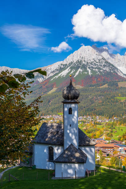 Marienkapelle, a chapel above Ellmau in front of Wilder Kaiser mountains, Tyrol, Austria