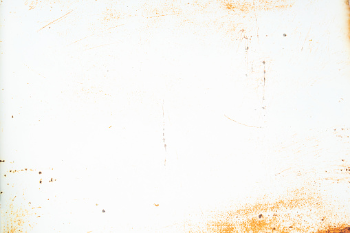 White painted metal texture with rusty scratches. Rusty metal background. Red rust on white surface