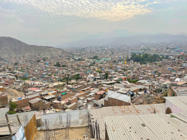 Lima, Peru - December 07, 2018:  Part of shanty town on side of Cerro San Cristobal, Andes Mountain,  Lima, Peru
