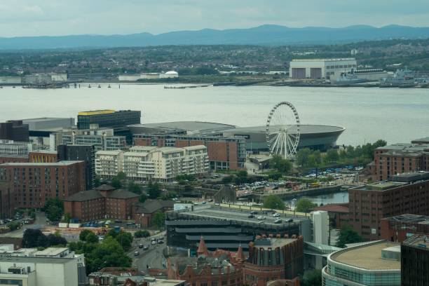 wheel and arena from the radio city tower in liverpool, uk - liverpool stadium built structure building exterior imagens e fotografias de stock