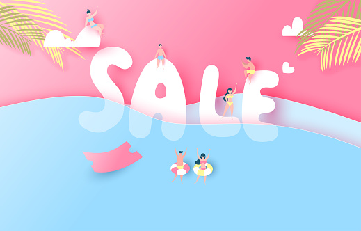 Summer Sale shopping. people, swimming costume, woman, man, sea, cloud, pink background. paper cut and craft style. vector art and illustration.