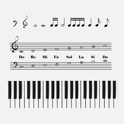 Vector realistic piano keys with notes. Music theme design