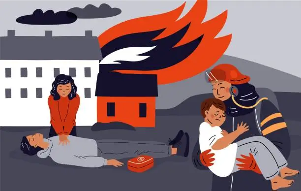 Vector illustration of Emergency fire department help. Flame extinguishing process. Firefighters rescue victims from burning house. First aid. Fireman carrying kid. Unconscious person. Garish vector concept