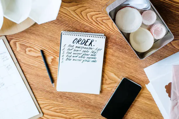 Confectionery Small Business Order List Tracker Pages. Sweet shop, pastry-shop handwritten order list with customer names on table in home office, kitchen