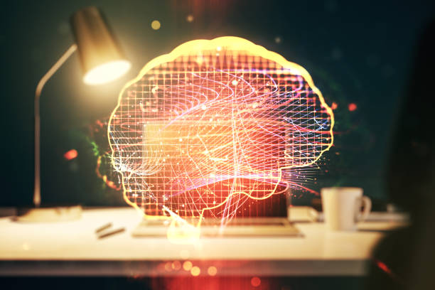 istock Creative artificial Intelligence concept with human brain hologram on modern laptop background. Multiexposure 1435902434