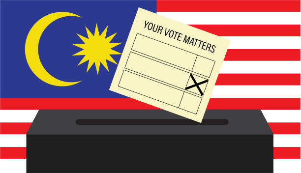 Your vote matters A vector of voting box with voting paper written your vote matters and Malaysia flag. Malaysia General Election concept. Franchise In Malaysia stock illustrations