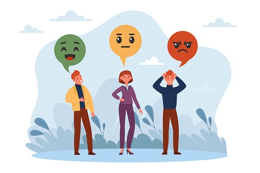 Sentiment analysis, different opinions. Various customer feedback. Good neutral and bad emotions, people positive and negative communication, discussion and conflict. Vector cartoon flat style concept