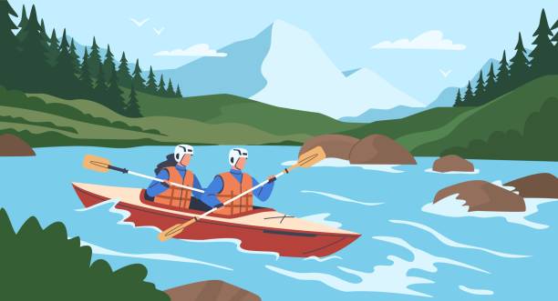 ilustrações de stock, clip art, desenhos animados e ícones de extreme people. rafting and kayaking sport, couple in boat, stormy river, adrenaline release, canoeing athletes, man and woman with oars, active leisure nowaday vector cartoon concept - rafting nautical vessel river canoe