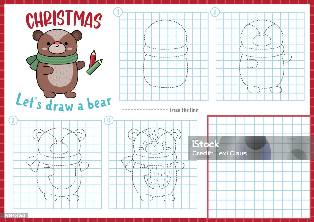 Vetores de Folha De Desenho Passo A Passo Do Natal Como Desenhar Um Urso  Complete A Imagem Por Exemplo De Atividade Planilha De Prática De Escrita  De Férias De Inverno Vetorial Página