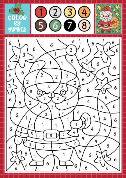 illustrazioni stock, clip art, cartoni animati e icone di tendenza di colore natalizio vettoriale per attività numerica con simpatico babbo natale kawaii con sacco. scena delle vacanze invernali. gioco di conteggio in bianco e nero con san nicolaus, borsa, regali. disegno di capodanno da colorare per bambini - nicolaus