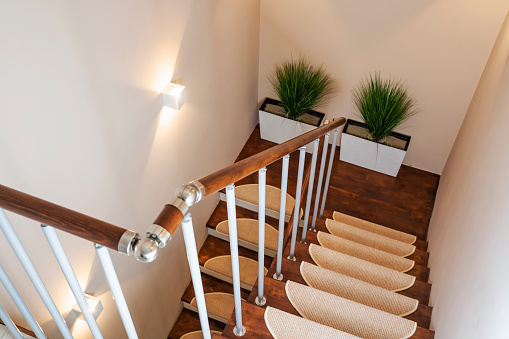 Stair. Modern natural ash tree wooden stair in new house interior