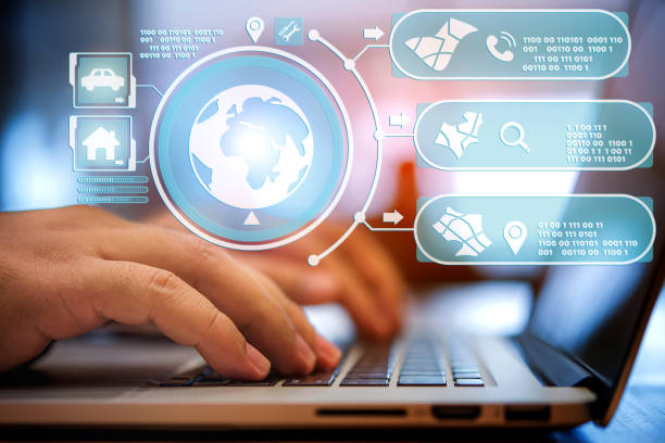 istock Business woman using laptop to finding destination navigator application map 1435907056
