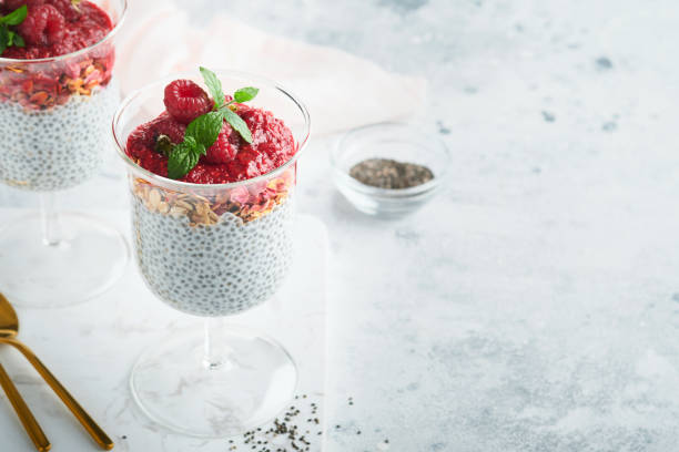 istock Chia pudding. Healthy vanilla chia pudding in glass with fresh raspberries and mint on white background. Vegan healthy breakfast. 1435909715