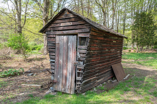 Hardwick, New Jersey, United States of America - May 1, 2017. Corncrib at Millbrook Village in Delaware Water Gap, NJ. A corn crib or corncrib is a type of granary used to dry and store corn.